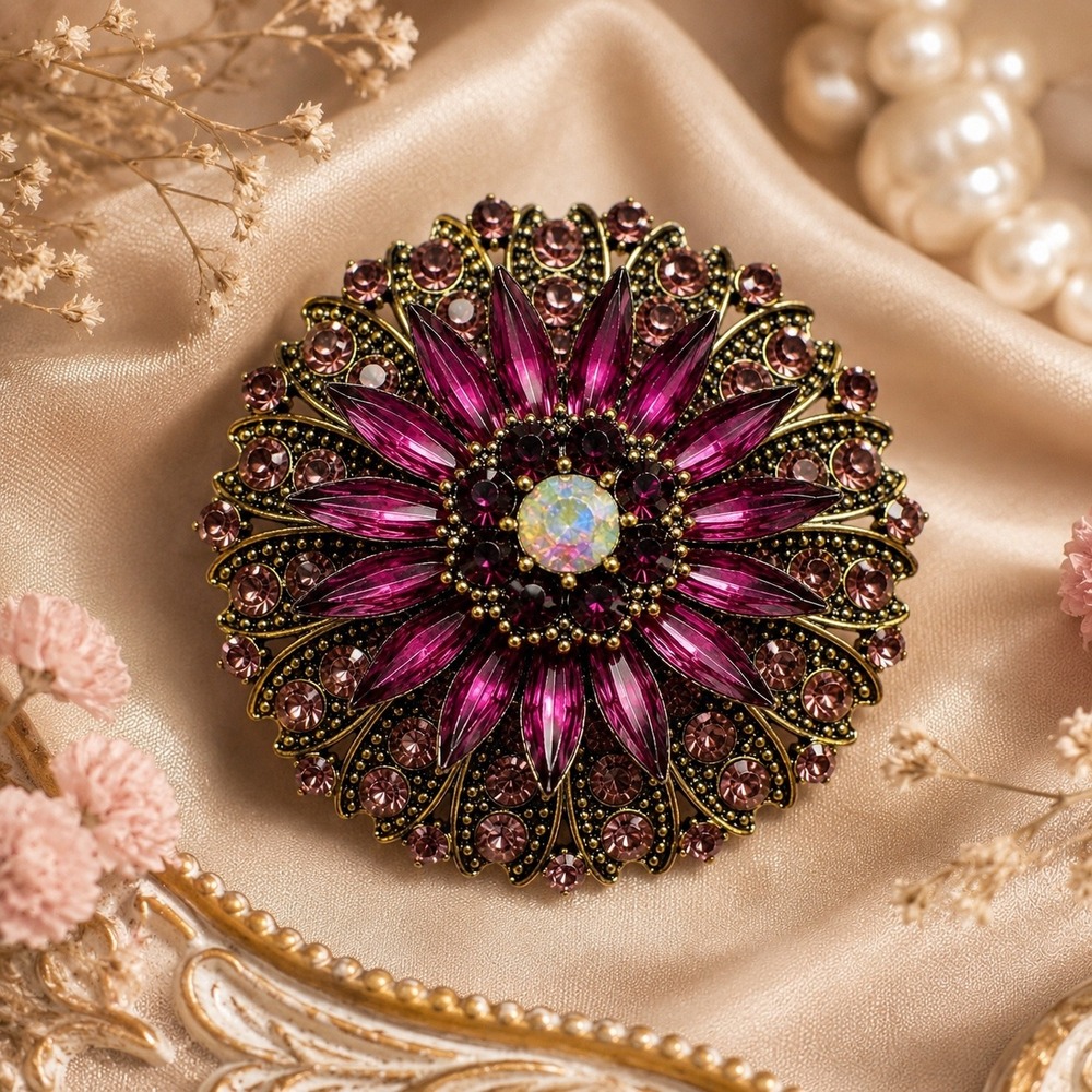 Vintage Amethyst Rhinestone Floral Brooch Aurora Borealis Gold Pin Whimsygoth